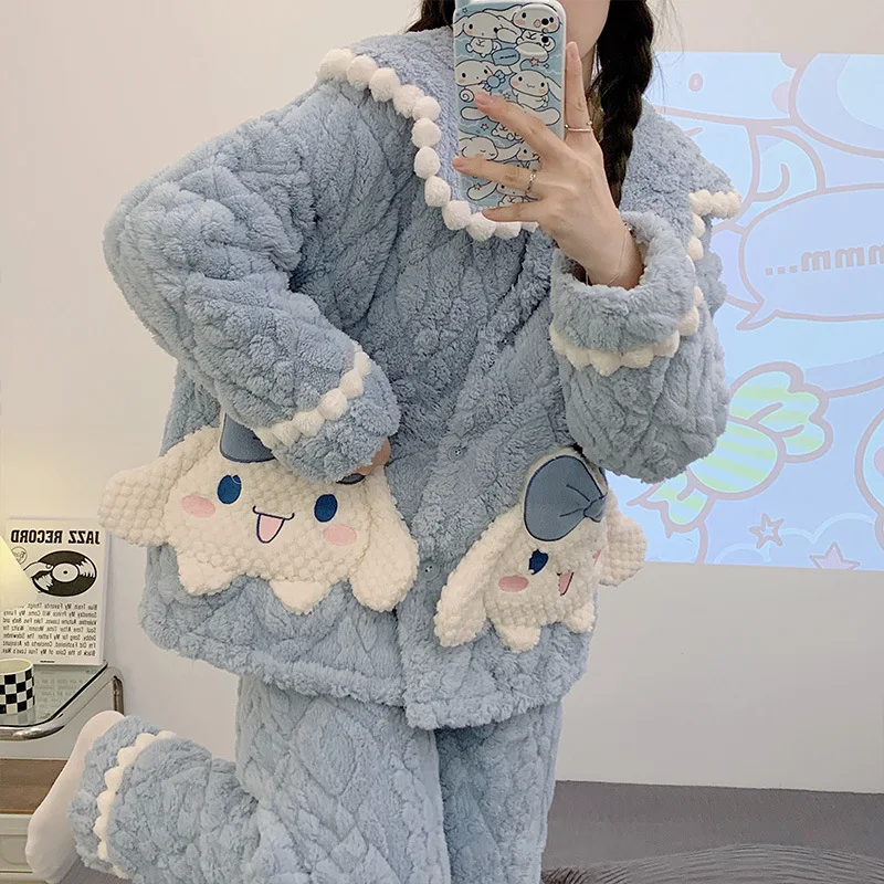 

Кавайная новая Пижама Sanrios аниме Cinnamoroll мягкая утолщенная Домашняя одежда теплая удобная пригодная для носки Кардиган с длинным рукавом комплект с отворотами подарки