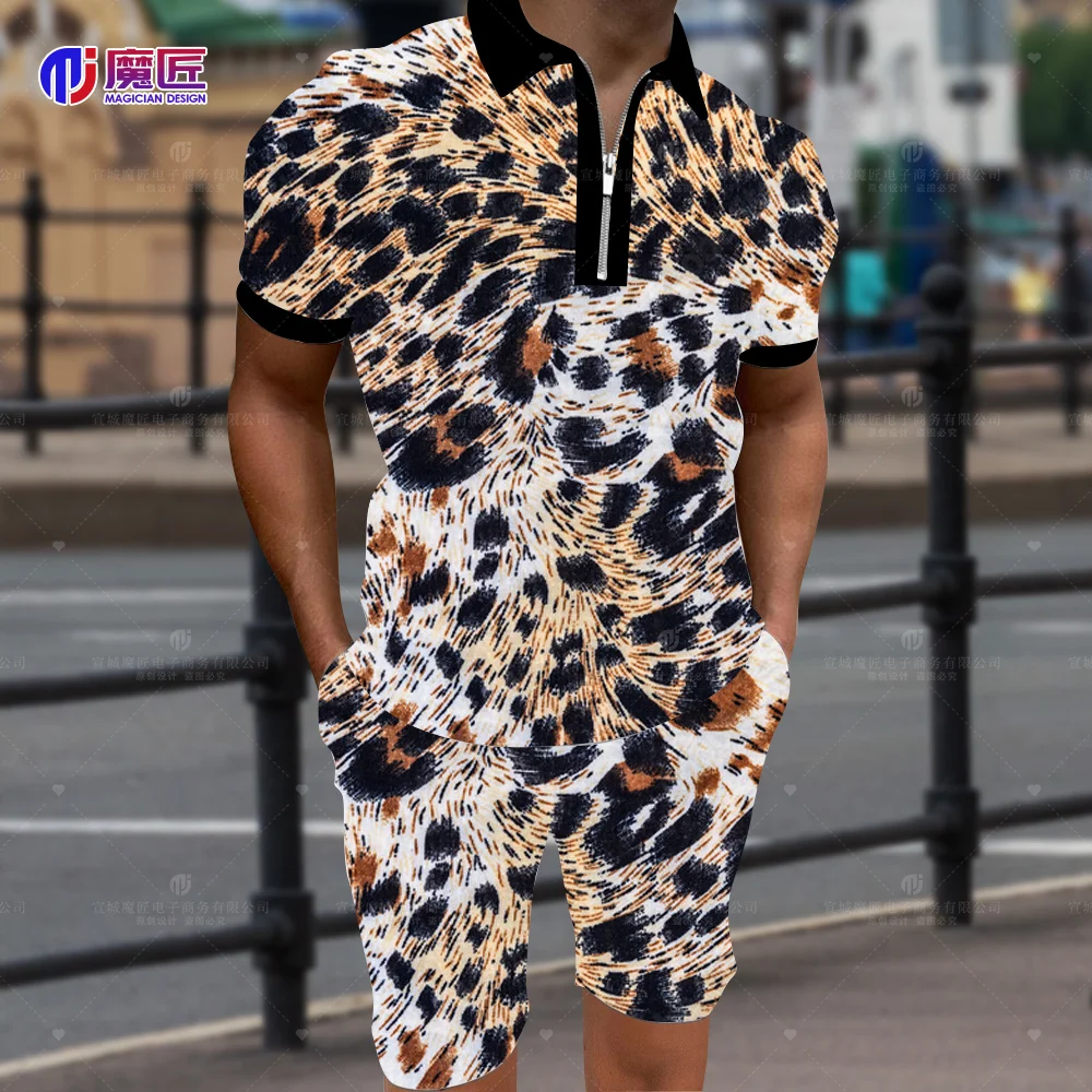 2023 Summer Men's Leopard Print Colorful 3D Zipper Lapel Shirt Short Sleeve + Shorts Suit Men's Sports Hip-Hop Suit 2 Pieces