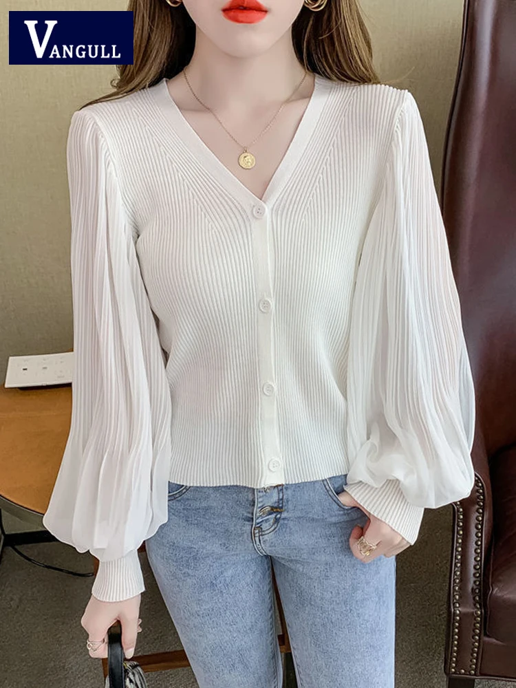 

Vangull Офисная Женская белая трикотажная рубашка, Женская Лоскутная Блузка с V-образным вырезом и длинным рукавом, женские тонкие однотонные Короткие топы