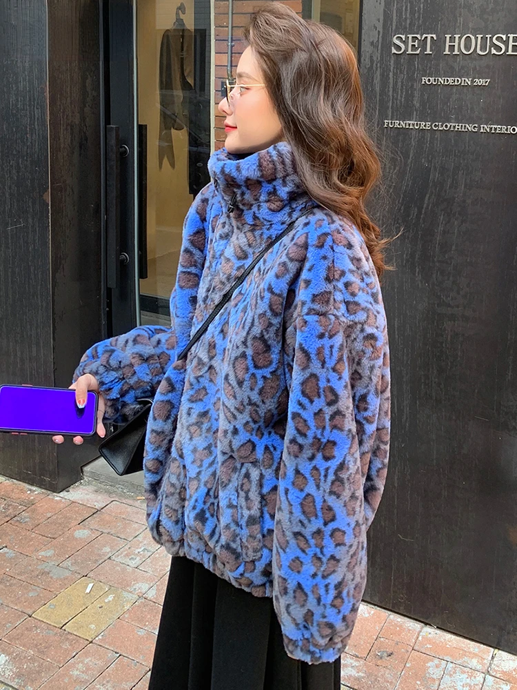 Winter Fluffy Jacket Women Korean Fashion Blue Leopard Faux Fur Coat Long Sleeve Zipper Warm Soft Jacket Faux Fur Coat Coats
