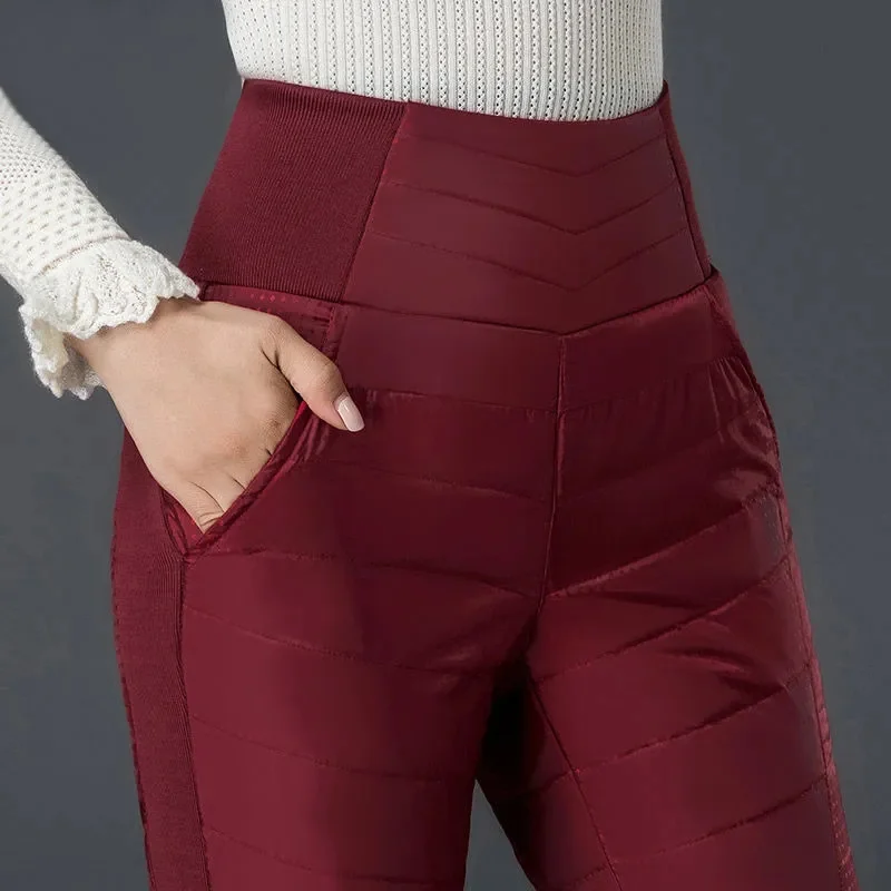Women's New Winter White Duck Down Pencil Pants Women's Zipper High Waist Down Warm Snow Pants Slim Fit Thickened Pants