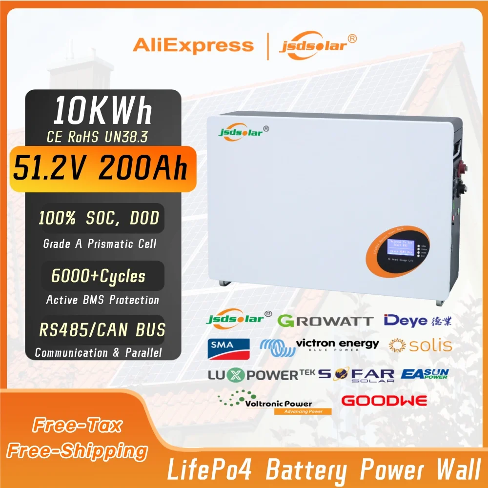 Фото Батарея jsdsolar 48 В 200 ач LiFePO4 10 кВтч стенка питания 200 А BMS 6000 + циклов параллельная CAN-шина RS485 Солнечная энергия хранилище энергии №1