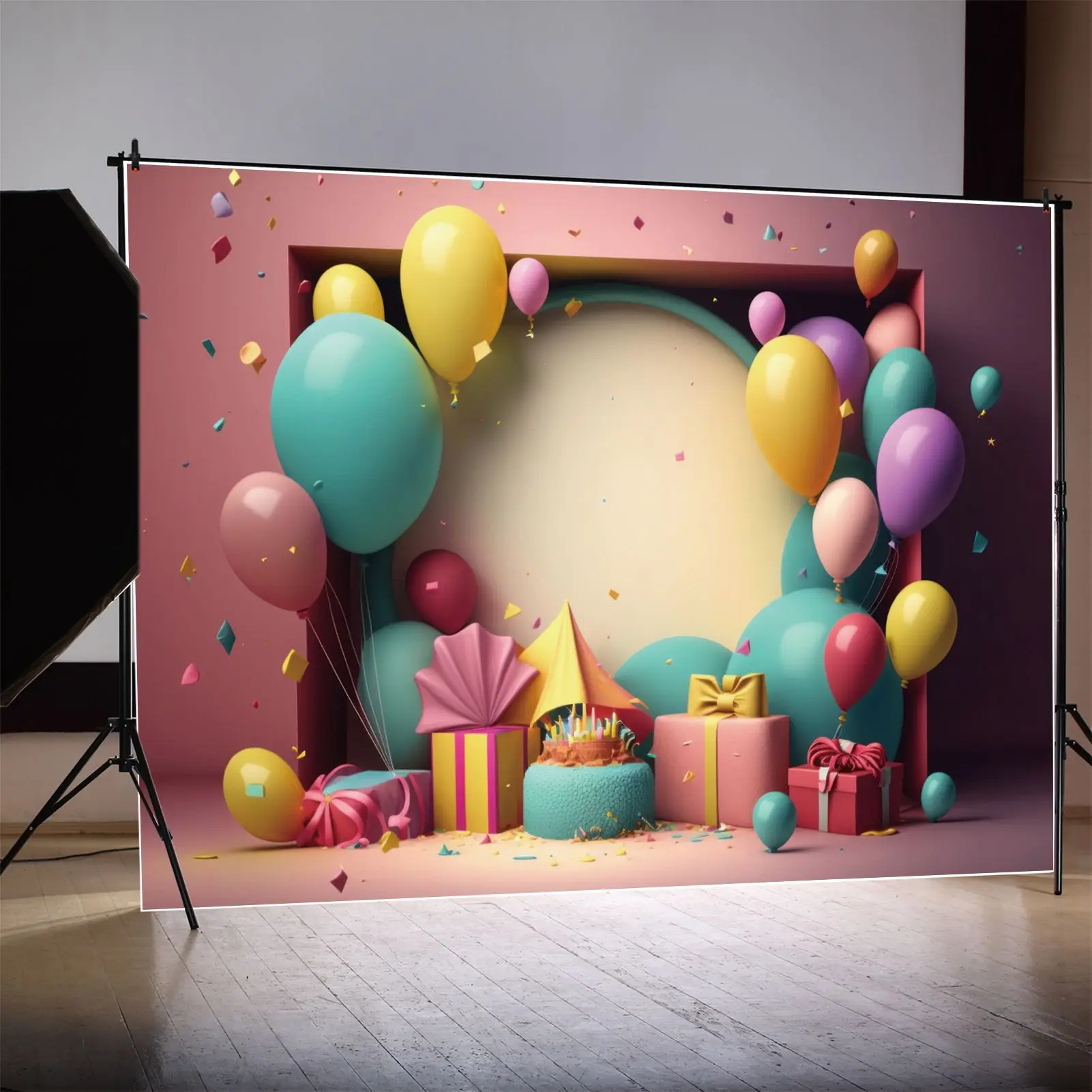 

Party Giftbox Balloon Photography Backdrops Decor Cake Pink Wall Ribbons Personalized Baby Photo Background Photoshoot Props
