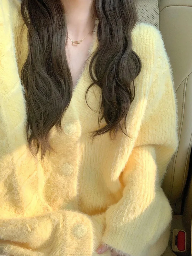 

Lazy Yellow V-neck Buttons Soft Glutinous Sweater Jacket with Pockets