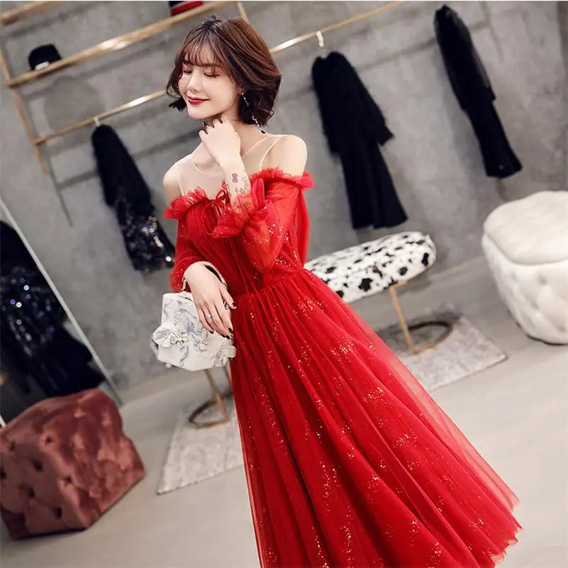 

Sexy Evening Dress Shiny Bling Stars Christmas Red Dresses Women Elegant Off Shoulder Lace Up Tulle Long Party Mesh Gown White