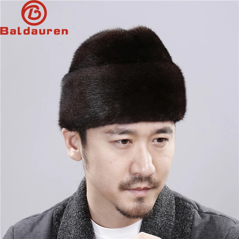 2023 Hot Sale Winter Man Top Real Mink Fur Bomber Hat Male Genuine Marten Head Warm Black/Brown Caps Best Gift For Dad Gorras