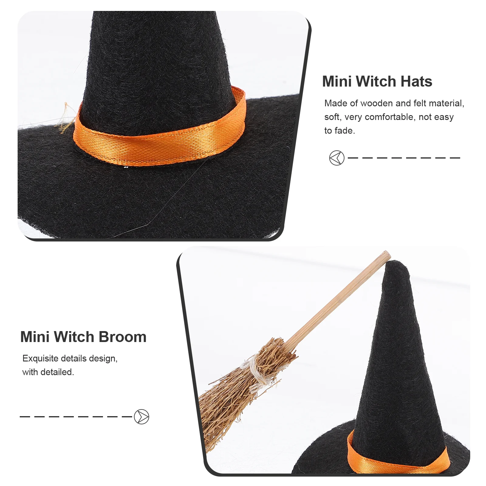 7 Set Halloween Felt Witch Hat Brooms Tiny Decorations Mini Hats for Drinks Miniature Wooden Party Child Ornament