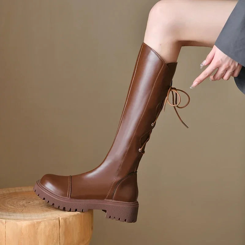 

Winter Women's Chunky Heel Knee High Boots Fashion Lace Up Round Toe Platform Shoes for Women Outdoor Dress Ladies Long Boots