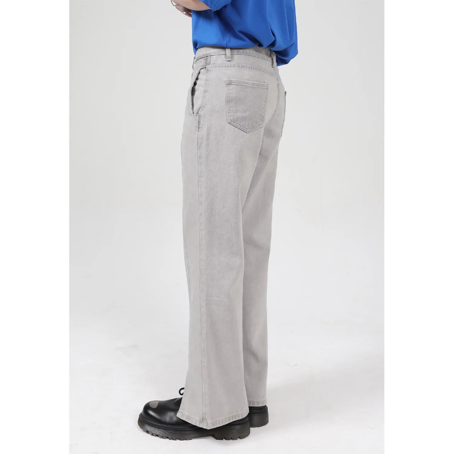 Four Seasons Men Jeans Grey Retro Stitching Straight Loose Slit Casual Pants Men Wide Leg Pants Fashion Streetwear Ins Hot Sale