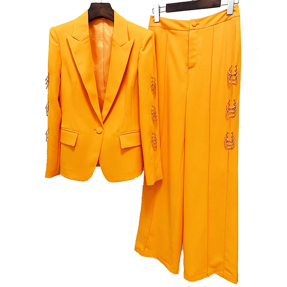 Fashion Women Two Piece Set 2023 New Orange Female Metal Ring Decoration Blazer Trouser Suit Lady Business Party Formal Pant Set