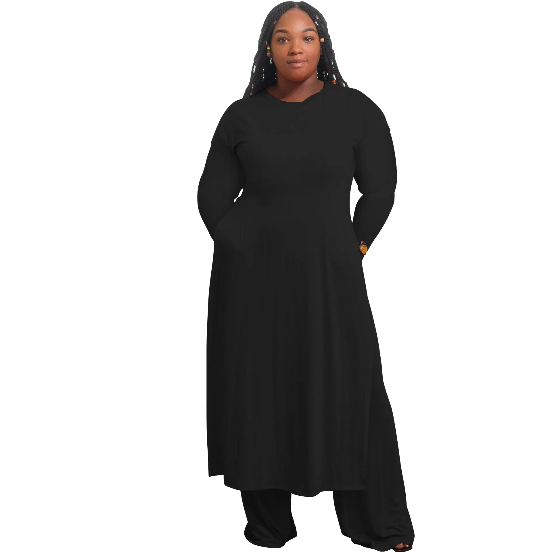 Plus Size Women Clothing Solid Long Sleeve O-Neck Ankle-Length Set of Women's Clothing 2 Pieces Elastic Waist Slim Fit Full