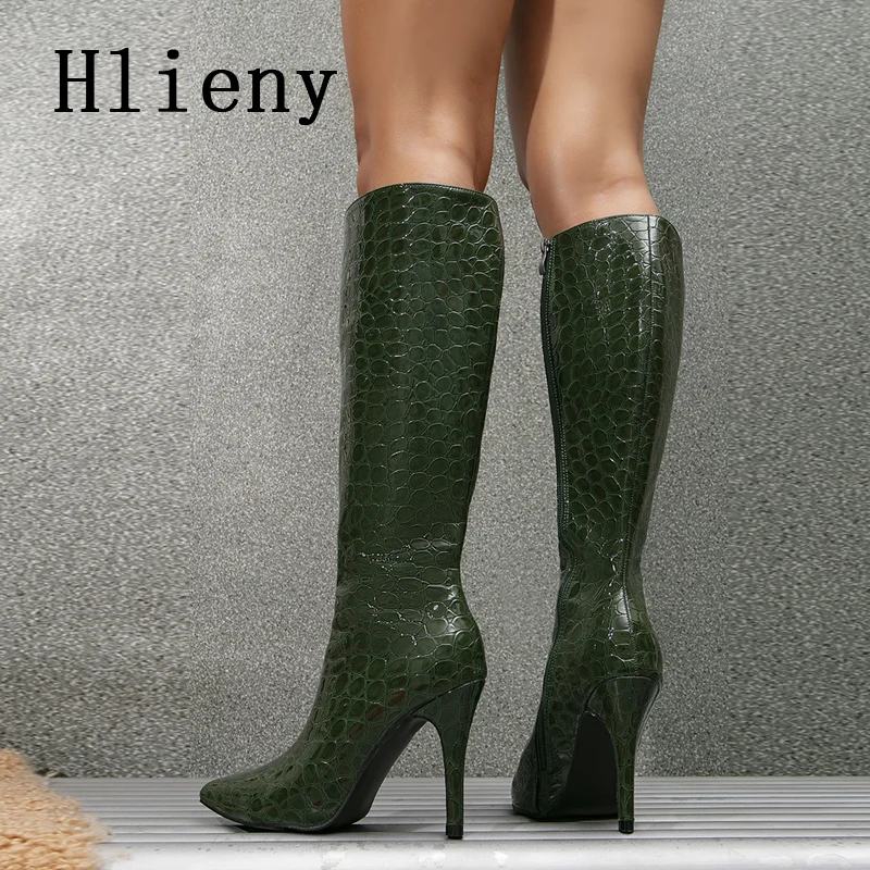 

Новинка зимы 2023, модные женские сапоги Hlieny до колена из искусственной кожи, привлекательные женские сапоги с острым носком на тонком каблуке, длинные сапоги на молнии, женская обувь