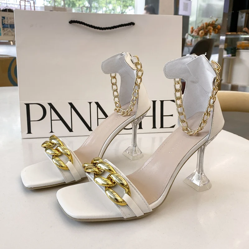 

Пикантные женские сандалии с прозрачной чашкой на высоком каблуке, дизайнерские свадебные туфли-лодочки на металлической цепочке, женские ...