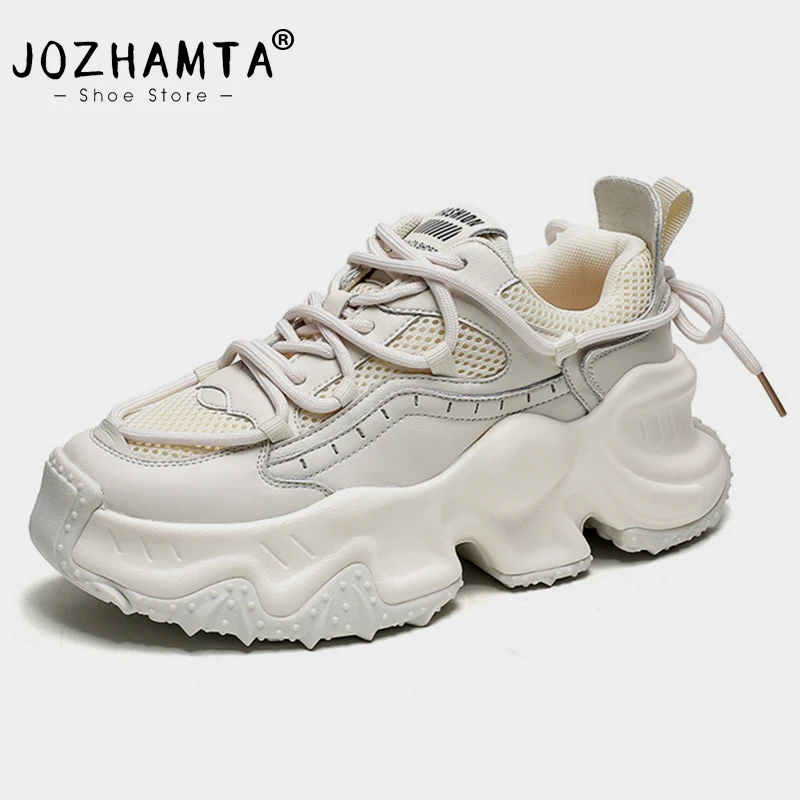 

JOZHAMTA Size 35-40 Women Sneakers Real Leather Fashion Platform High Heels Shoes For Women Breath Summer 2023 Heel Tennis Shoes