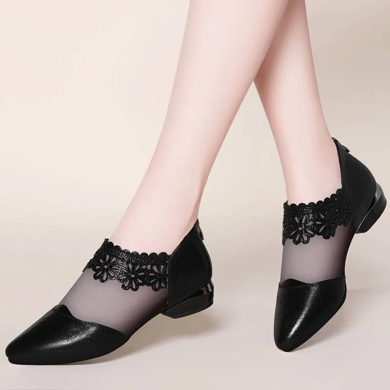Fashion Comfortable Summer Soft Bottom Women Flat Shoes Mesh Pointed Toe Breathable Ladies Flats Zipper Rubber Mother Flat Shoes