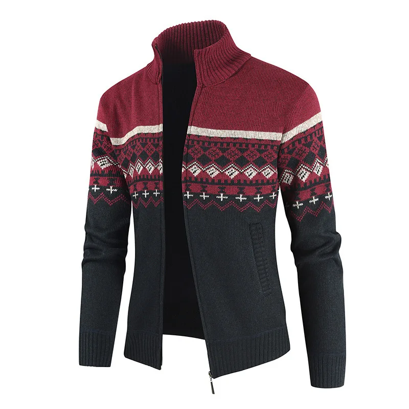 New Autumn Winter Men's Sweater Long Sleeve Knitting Cardigan Jacket Stand Collar Tops Warm Color Blocking Leisure