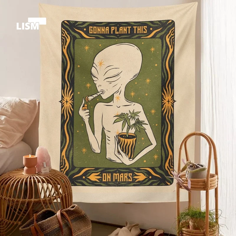 

Smoking Alien Tapestry Mandala Hippie Art Wall Hanging Tapestries Living Home Cartoon Dorm Decor Psychedelic Wall Decoration