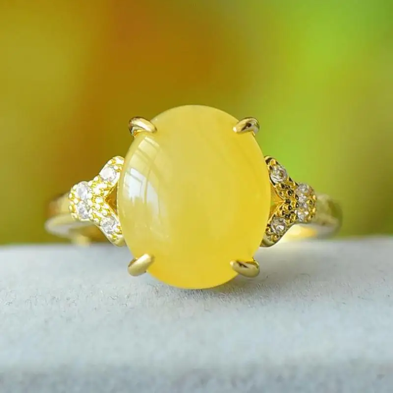 

Genuine Baltic Amber Rings Women Healing Gemstone Fine Jewelry Natural Yellow Ambers Zircon Ring Adjustable Anillos Mujer