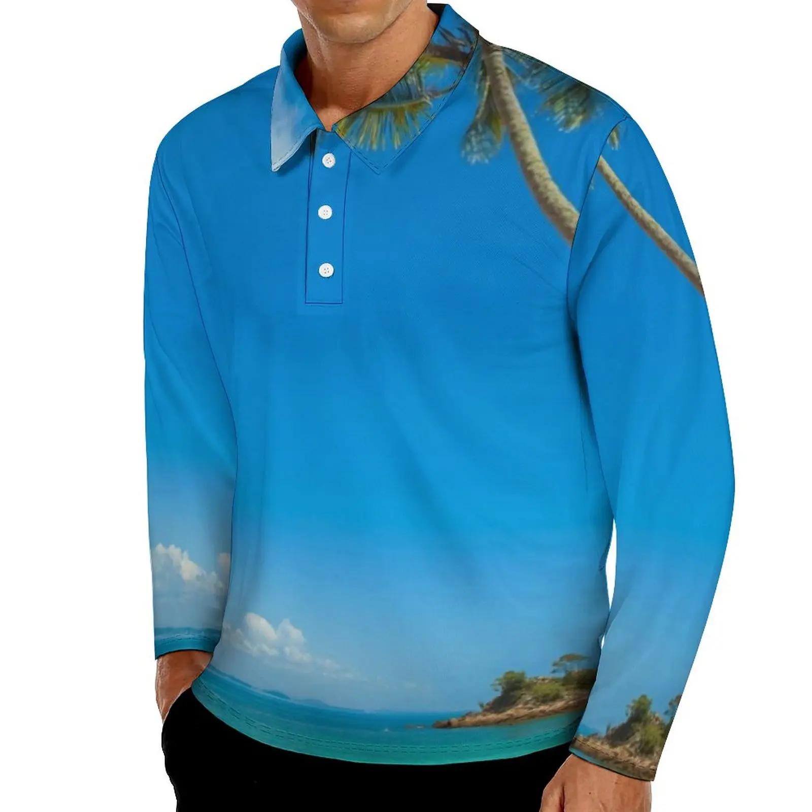 

Голубая пляжная рубашка-поло, Повседневная рубашка с длинными рукавами, отложным воротником и тропическими пальмами, уличная одежда, дизай...