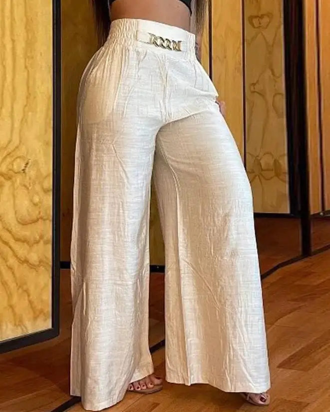 Casual Women High Waist Pants Chain Decor Fashion Plain Pocket Design Daily Vacation Women's Wide Leg Trousers