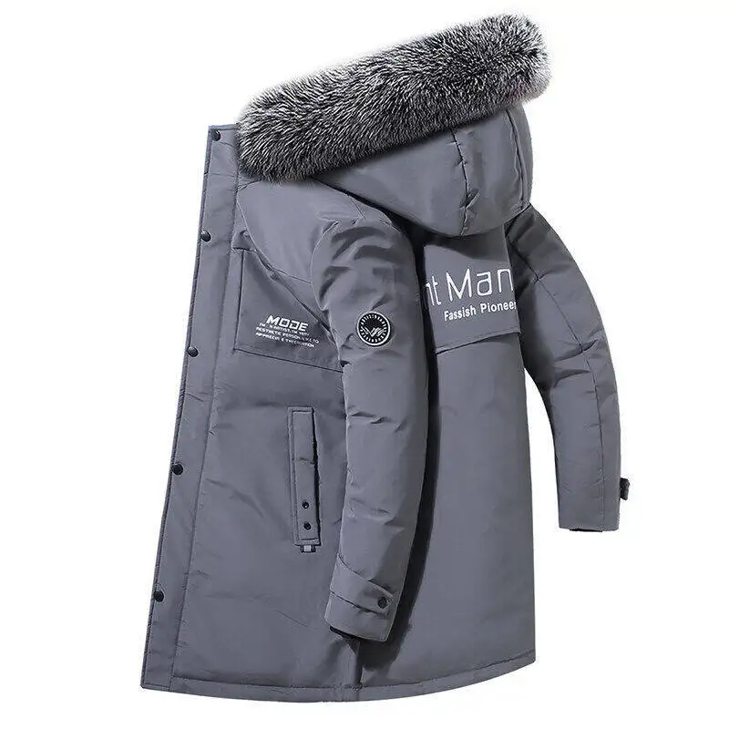 Winter down jacket casual plush long hooded large fur collar men's thick white duck down coat