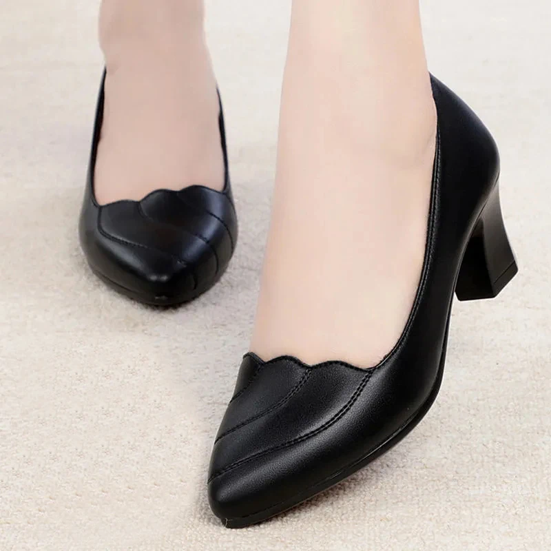 Women Mid Square Heel Shoes Pumps Black PU Office Lady Spring Non Slip Fashion Mother Oxford Shoe Zapatos Mujer