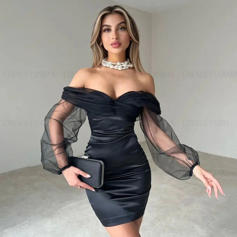 

Sexy Cocktail Dresses Off The Shoulder V-neck Illusion Puff Sleeves Evening Short Pretty Fashion Mini Party Gown