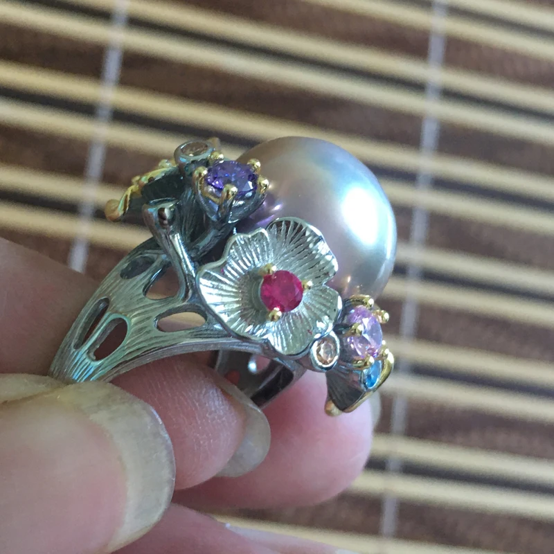 Женское кольцо из серебра 925 пробы с натуральным пресноводным барочным жемчугом