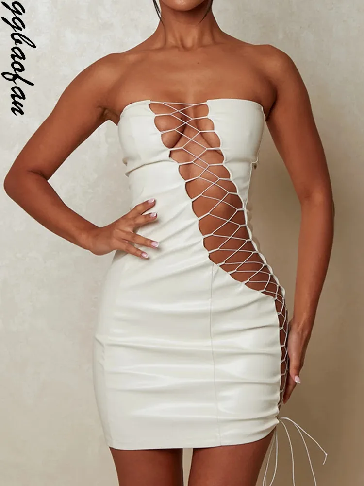 

Элегантное Бандажное мини-платье Ggbaofan из искусственной кожи на шнуровке с открытыми плечами для женщин, наряды, короткие платья, Клубная од...