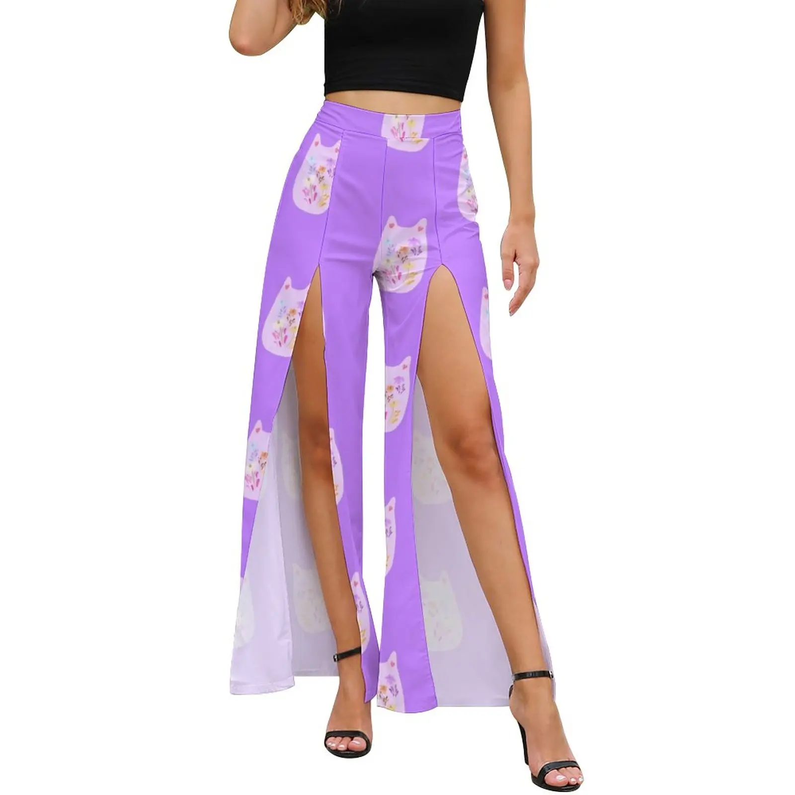 

Kawaii Totoro Pants Summer Garden Forest Flower Spirit Casual Wide Leg Pants Female Front Slit Aesthetic Printed Trousers