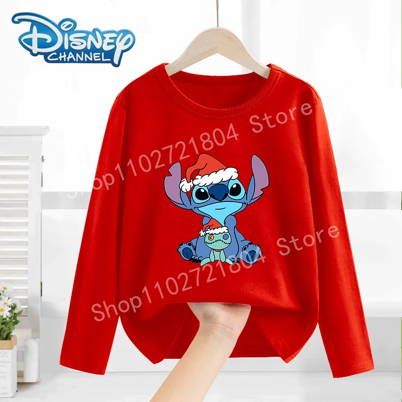 Stitch Disney T-shirt Christmas Cotton Cute Tops Round Neck Long Sleeve Children Clothing Xmas Shirts Anime Stich Clothes Gifts