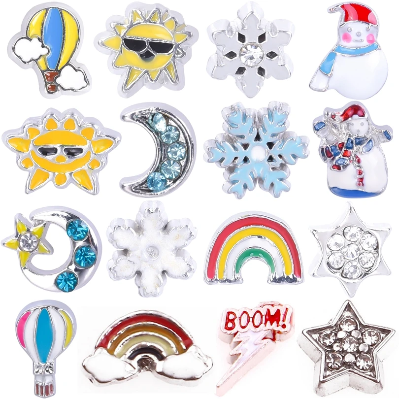 

20Pcs Fashion Charm Sun Moon Star Hot Air Balloon Rainbow Snowflake Snowman Floating Locket Accessories DIY Jewelry Making Bulk