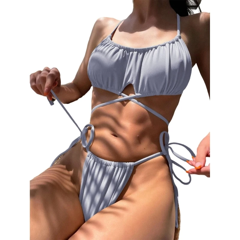 

Женский раздельный купальник, удобный купальный костюм из 2 предметов на бретельках, пляжная одежда с запахом и высоким вырезом, комплект бикини с лямкой на шее