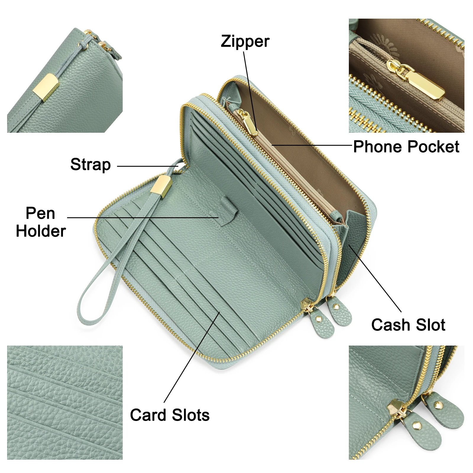 Fashion Double Zipper Long Genuine Leather Women Wallet Female Purses Coin Purse Card Holder Large Capacity Wrist Handbag