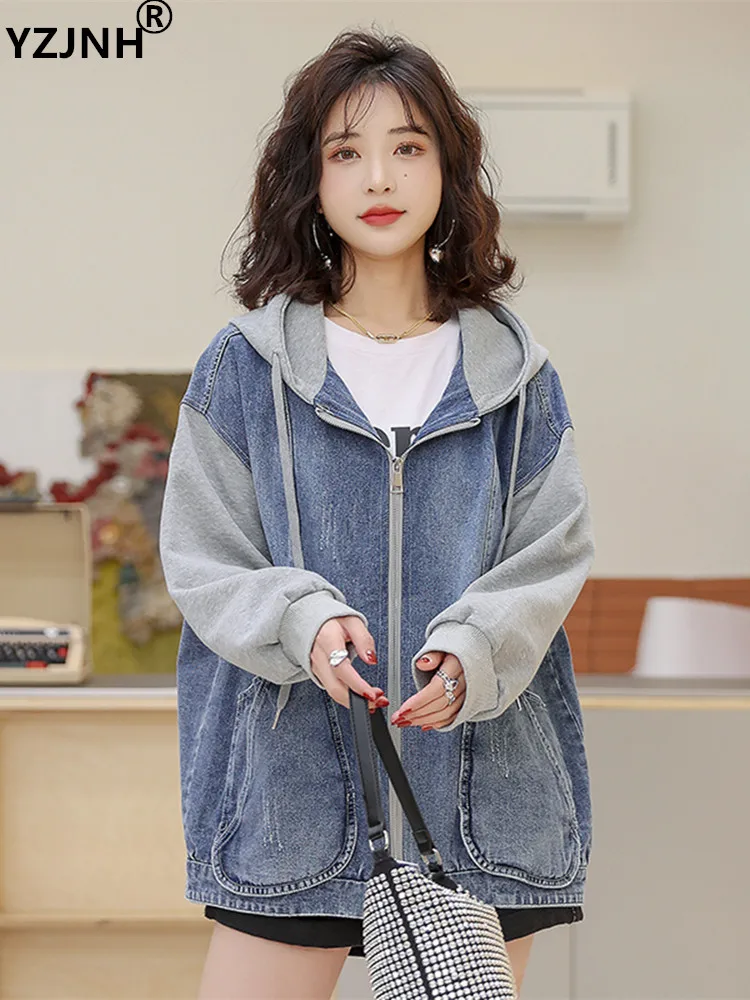 

Новинка весна-осень 2023, женское джинсовое пальто YZJNH с капюшоном, свободное короткое пальто на молнии для женщин