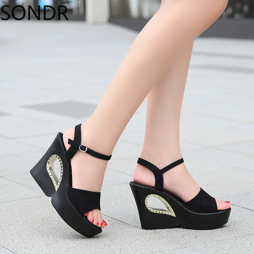 

OEING Womens Creepers Shoes Platform Clear Tranparent Rhinestones Sandals Wedge High Heel New Summer Hollow Black New 2022