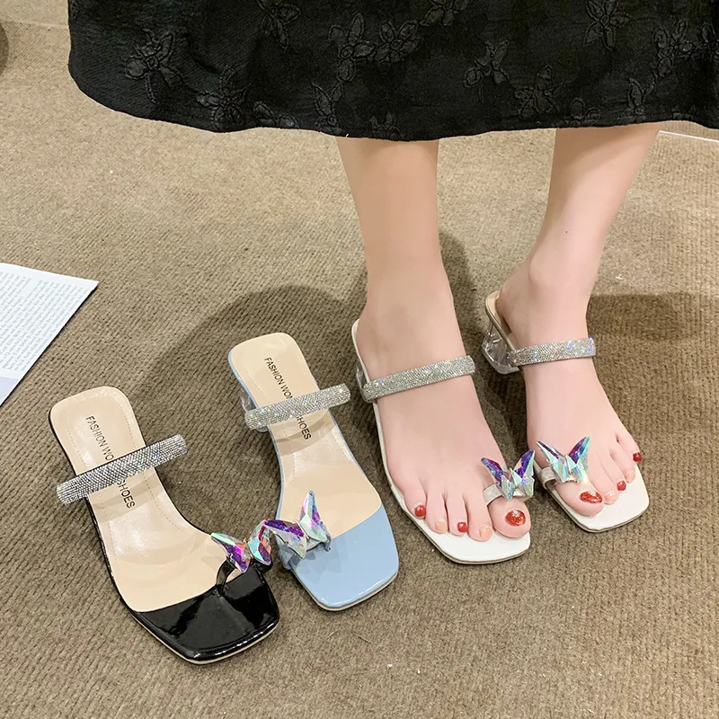 

Женские шлепанцы с бантом-бабочкой, блестящие шлепанцы на квадратном каблуке, модные резиновые сланцы, роскошные низкие шлепанцы, 2023