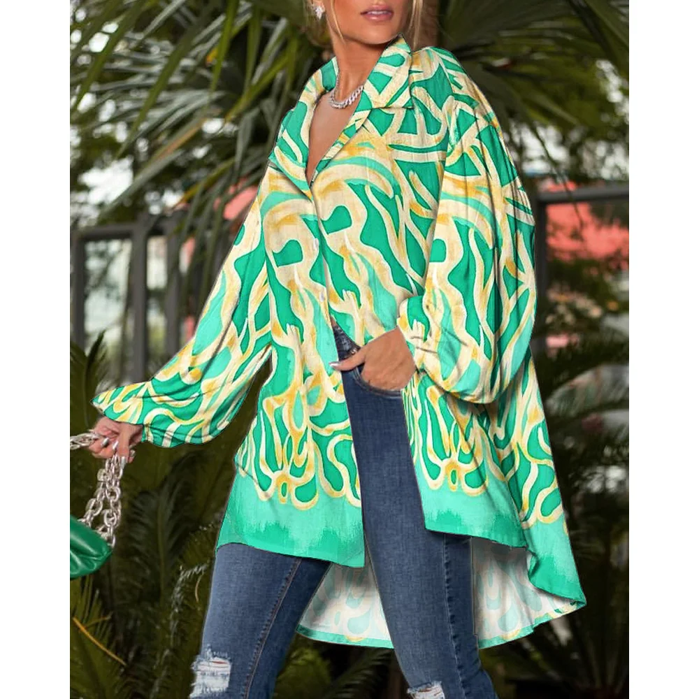 

Women Abstract Print Lantern Sleeve Dip Hem Button Down Shirts 2022 Autumn Lapel Long Tops Casual Elegant Blouses