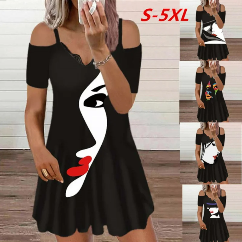 

2023 Summer New Fashion Women's Off-the-shoulder Dress for Women Short Sleeve Lace V-neck Print Casual Dress