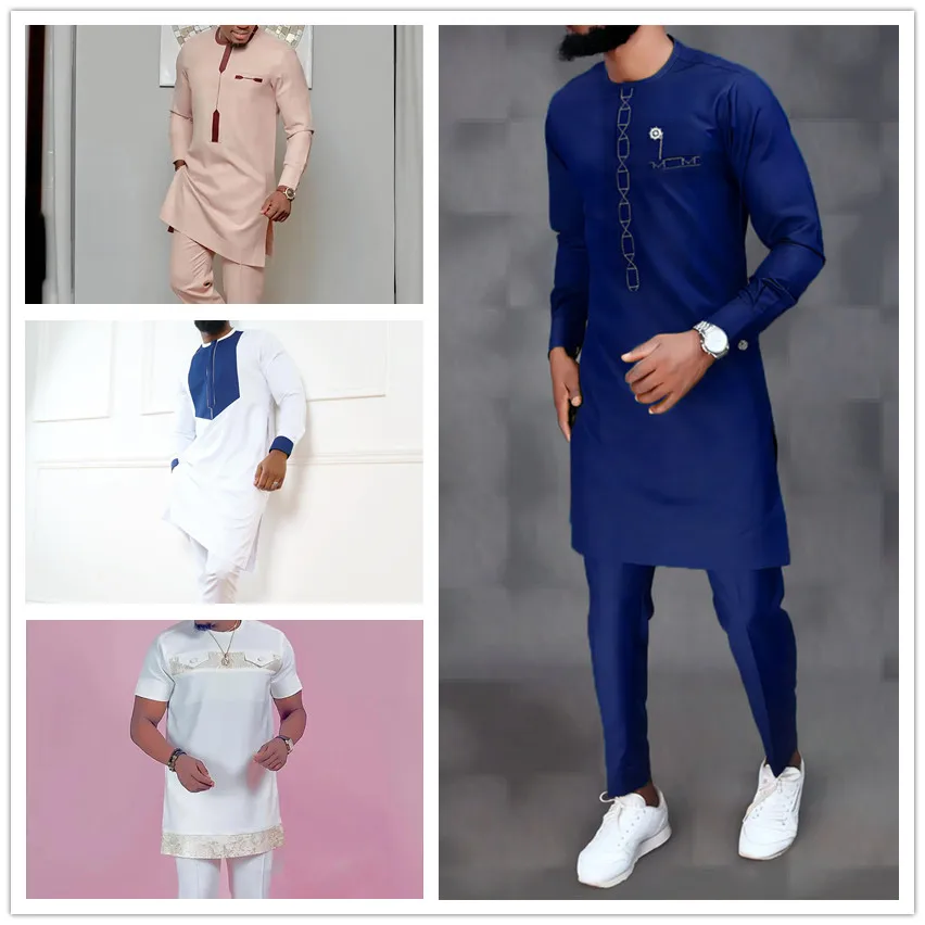 Winter 2Piece african Mens Sets Outfit Long Sleeves Round Neck Embroidered Casual Shirts Sweatpants Wedding Party Festival Suits