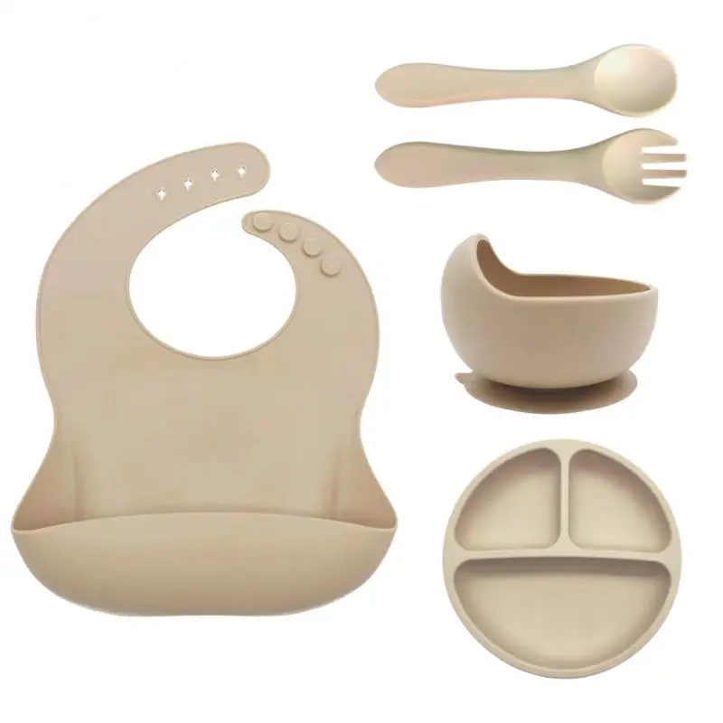 

Baby Complementary Food Set Non-slip Healthy 5-piece Food Grade Safe Baby Soft Silicone Bib Baby Silicone Bowl Plate Spoon