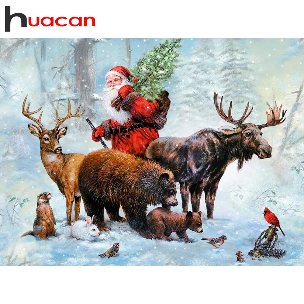 

Алмазная вышивка, Huacan, Санта-Клаус, картина с оленем, полная квадратная/Круглая Мозаика, зимнее Рождественское украшение ручной работы