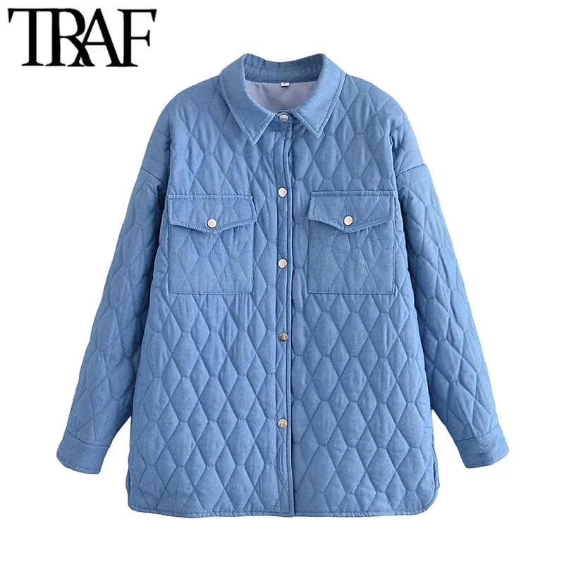 

TRAF Women Fashion Oversized Denim Padded Jacket Coat Vintage Long Sleeve Snap-button Female Outerwear Chic Overshirts