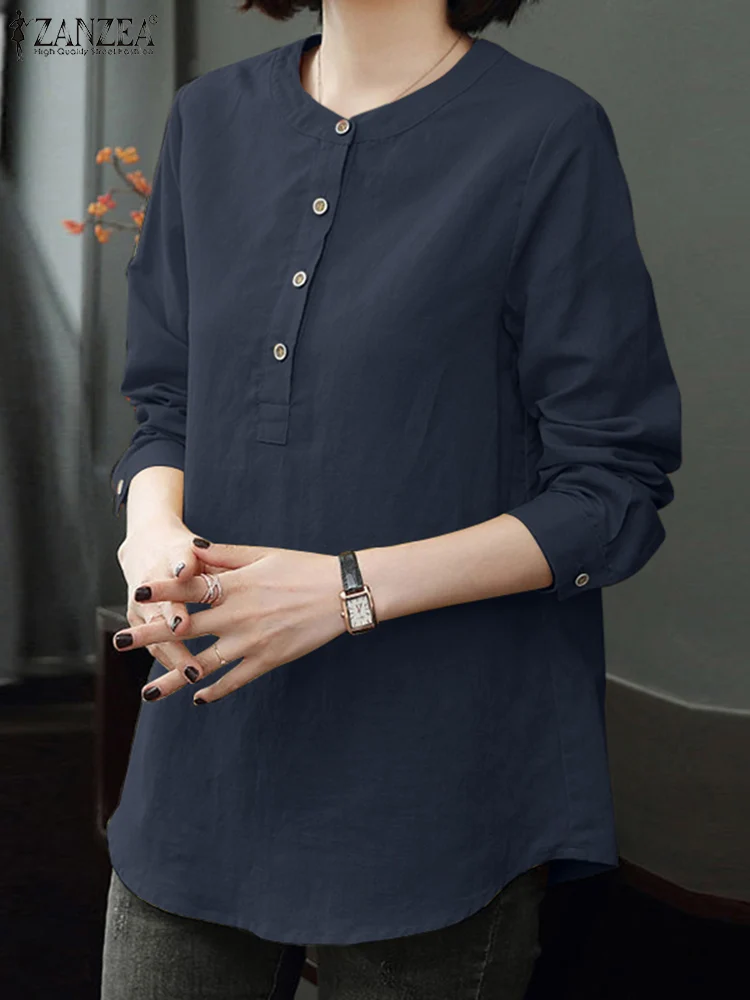 

Женская Осенняя блузка ZANZEA с круглым вырезом и длинным рукавом, винтажная Повседневная рубашка, Женские рабочие блузы, хлопковая Туника ове...