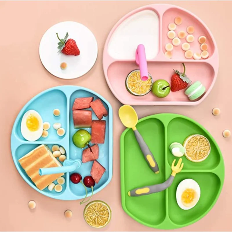 

Children's Silicone Meal Plates Baby Cartoon Grid Eating Plate Cup Bowl Cutlery Suction Cups Supplementary Food Baby Supplies