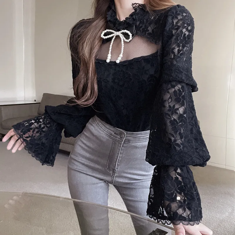 

2022 Spring Summer Women Flare Sleeve O Neck Pearl Bow Blouses Female Sexy Hollow Out Lace Shirt Vintage Korean Sweet Tops