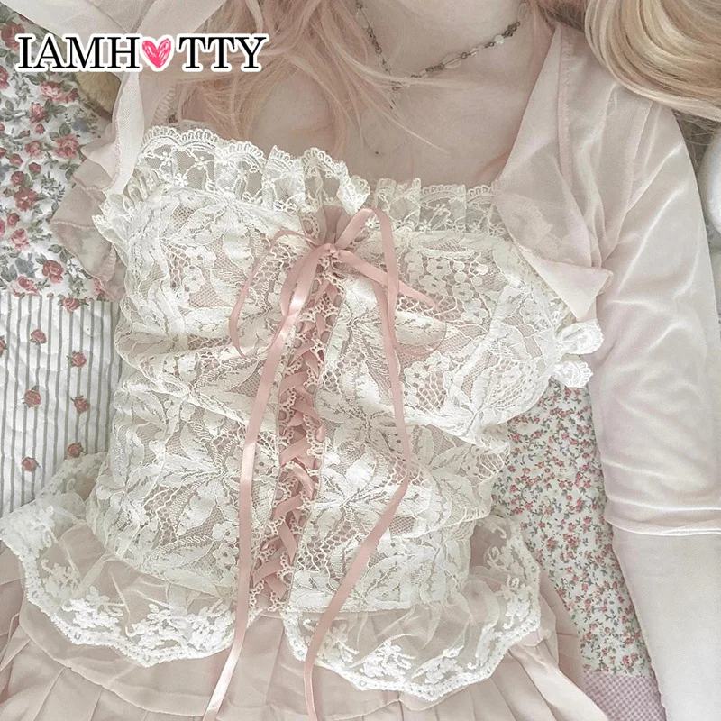 

IAMHOTTY Y2K Lace Tube Top Lolita Style Strapless Ruffle Tank Tops Kawaii Pink Bandage Corset White Coquette Aesthetic Camisole