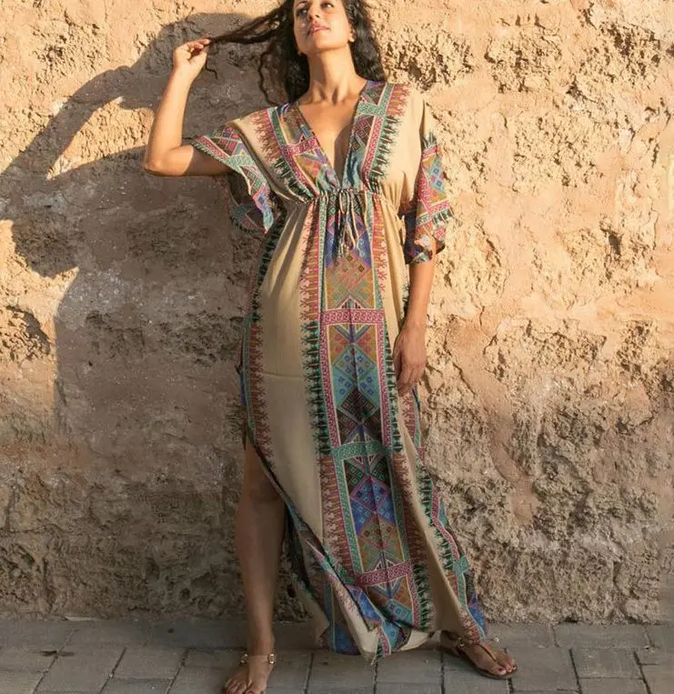 

TEELYNN Bohemian Tunic Folk Print Dress Sexy Deep V-neck V-back Beach Cover Up Plus Size Women Beachwear Boho Dress Vestidos