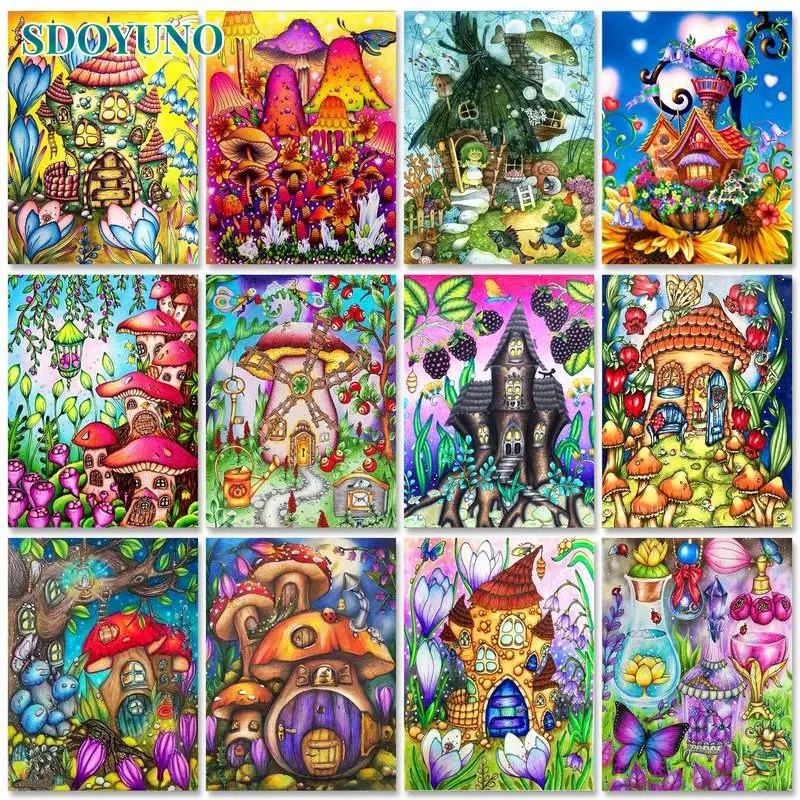 

SDOYUNO Picture Paint By Numbers For Adults Children Mushroom House DIY Gift HandPainted Oil Painting Landscape Home Wall Decor