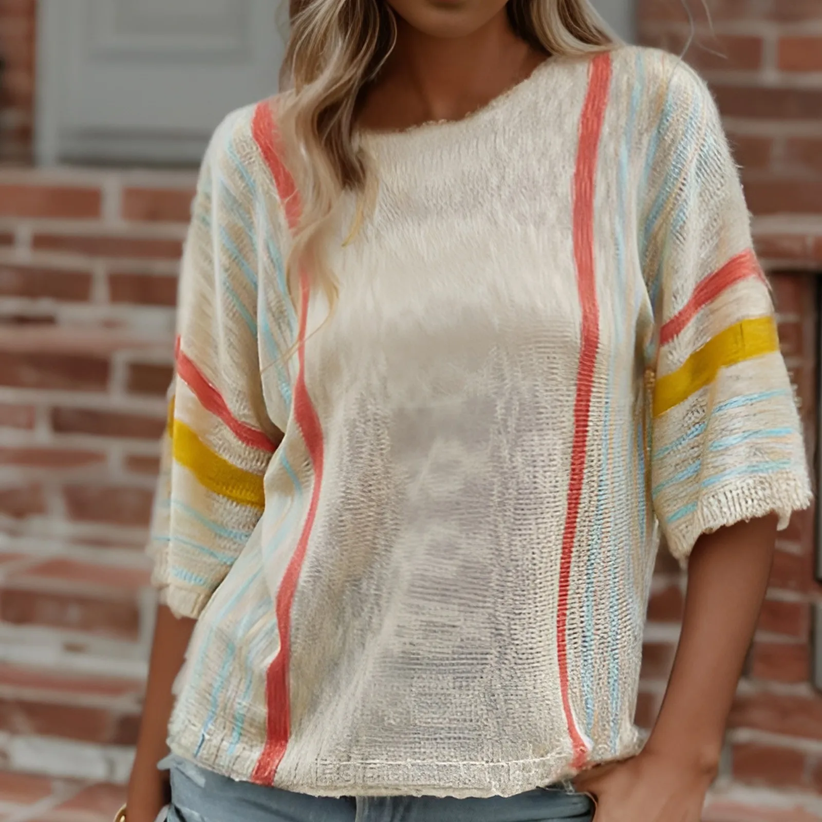 

Casual Knitted Striped T Shirts For Ladies Womens Cozy Loose Half Sleeve Crew Neck Shirts Athflow Wild Style T-Shirts Autumn